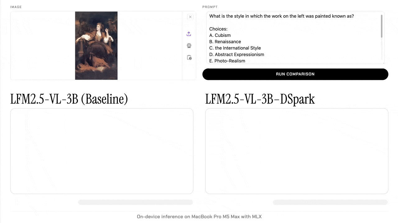 DSpark vision demo comparing LFM2.5-VL-3B and LFM2.5-VL-3B-DSpark