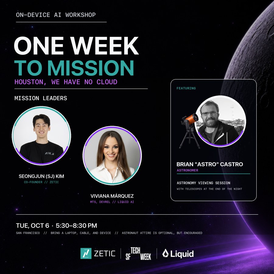 One Week to Mission promotional flyer for Houston We Have No Cloud, featuring its workshop speakers