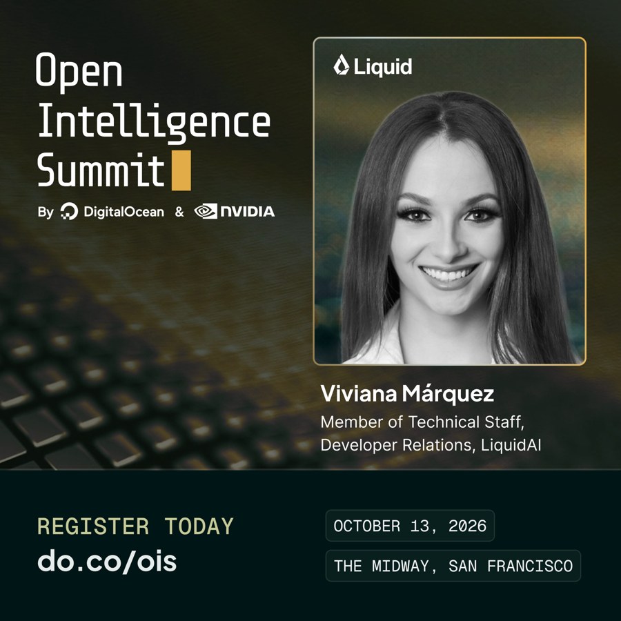 Open Intelligence Summit speaker card featuring Viviana Márquez from Liquid AI